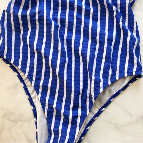 Blue Stripe V Neck Lace Up Back One Piece Swimsuit - Picture 4 of 8